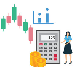 Businesswoman with calculator and pie chart symbolizing cost structure and budget management