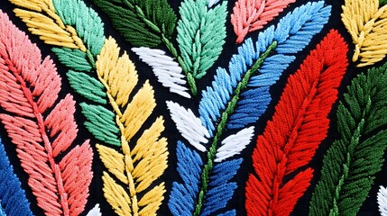 Fototapeta premium Colorful Thread Embroidery Leaves Pattern Textile
