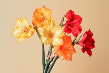Vibrant gladioli blossoms in warm color palette.