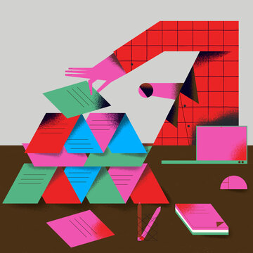 Office worker building a house of cards with post-its delaying h