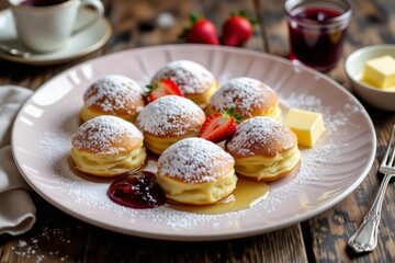 Danish pancake balls, Ebelskivers topped with powdered sugar, strawberries, butter, jam on wooden table. Concept of warm atmosphere highlighting Danish pancake balls.