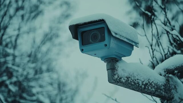 Light blue security camera mounted outdoors covered in fresh snow in cold winter environment under overcast sky for safety surveillance.