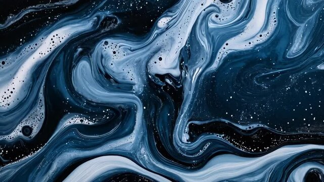 Abstract swirling blue and white fluid acrylic paint background with speckles and stains creating an ocean-like effect