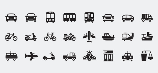 Transportation Icons Set Cars, Trains, Bikes, Planes, Boats and More