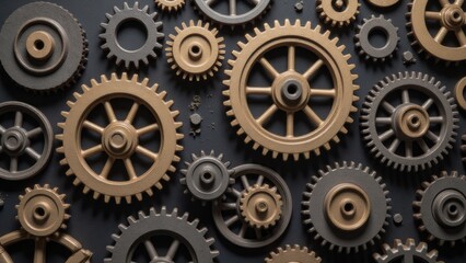 Gears and Cogs: Steampunk Mechanics, Macro Close-up of Metal Cogwheels on Black Background