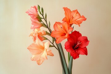 A bouquet of gladioli in various shades of orange and pink.