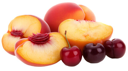 Ripe Peaches Apricots and Cherries on Transparent Background