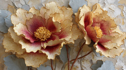Beautiful autumn beige and red flower on abstract decorativ background as wallpaper illustration, Elegant Beige Red Flower in oil Painting Style	