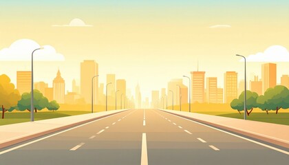 Obraz premium Urban sunrise drive city skyline digital illustration serene environment perspective view road concept