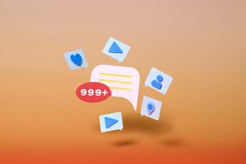 Floating notification icons with a '999+' label symbolize high