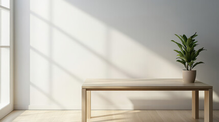 Fototapeta premium Brightly lit modern interior with wooden table and potted plant