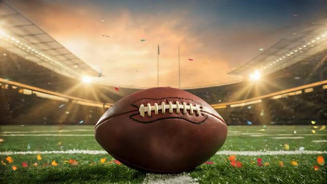 Dramatic football touchdown celebration with confetti in a stadium at sunset.