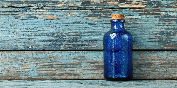 a blue glass bottle on an old wooden table 