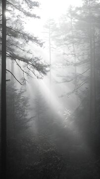 Fototapeta Grayscale Forest Scene with Sunlight Beams