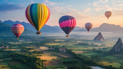 Naklejka premium Several colorful hot air balloons are flying over a landscape