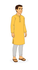 Three Quarter Front View of Indian Man in Yellow Kurta – Casual Stance and Traditional Attire.  ⅓ Front View of Indian Man Character. Indian Man Cartoon Character. Indian Man Vector Character. 
