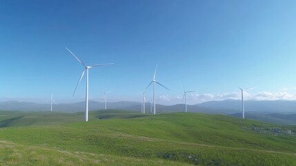 Serene Wind Farm on Rolling Hills under a Clear Blue Sky: Eco-Friendly Energy Production in a Picturesque Landscape