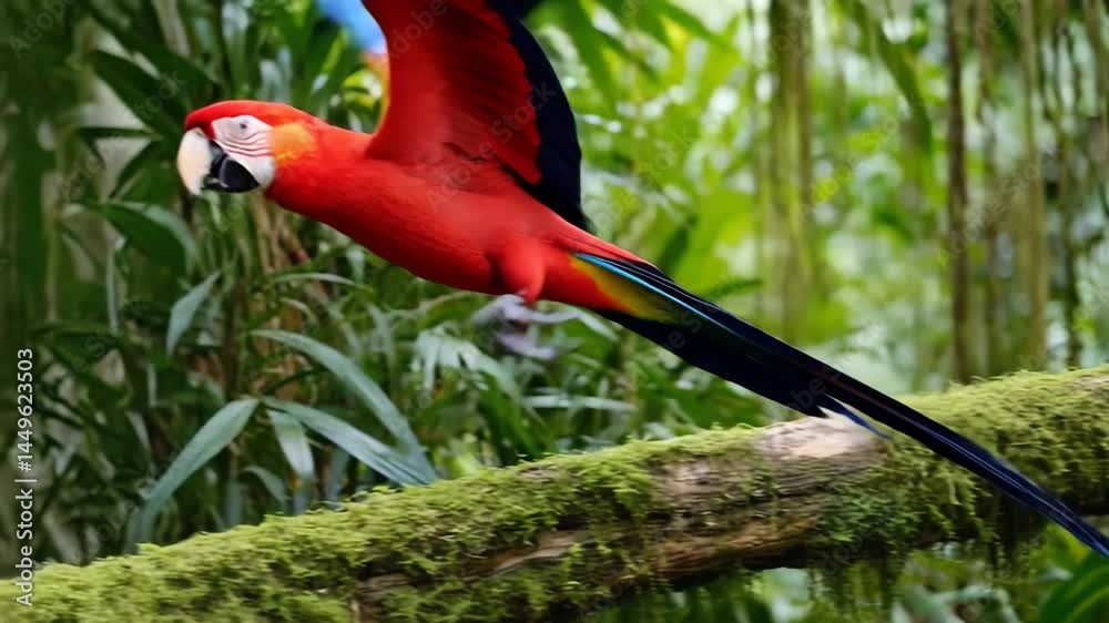 Aufkleber parrot perched on tree branch in rainforest canopy with vibrant feathers in sunlight