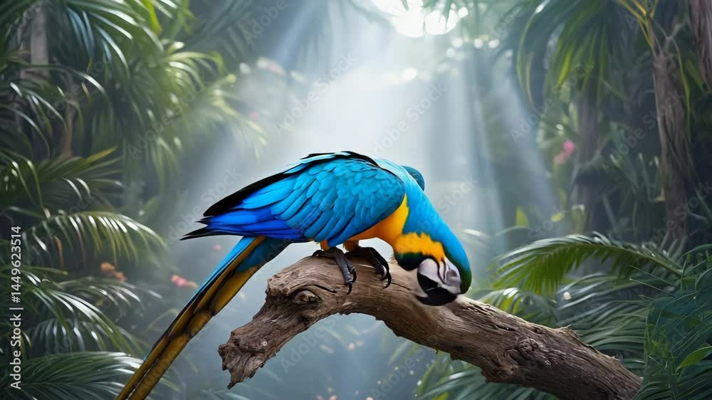 Aufkleber parrot perched on tree branch in rainforest canopy with vibrant feathers in sunlight