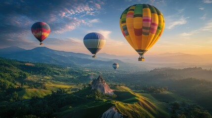 Naklejka premium Colorful hot air balloons float above scenic rolling green landscapes