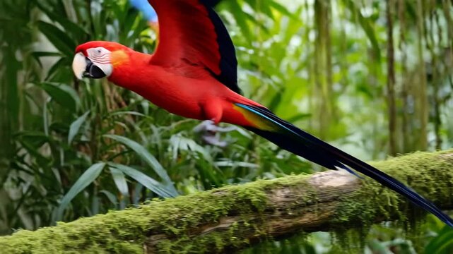Parrot perched on tree branch in rainforest canopy with vibrant feathers in sunlight