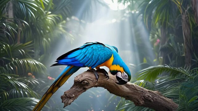 Parrot perched on tree branch in rainforest canopy with vibrant feathers in sunlight