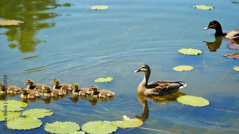 Aufkleber group of ducklings following mother through shallow pond with lily pads.