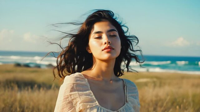Woman with closed eyes standing in sunlight with wind lifting her hair. Peaceful surrender, natural connection, soft tones.

