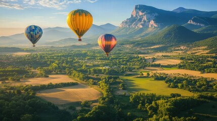 Naklejka premium Three hot air balloons soaring above a beautiful green landscape