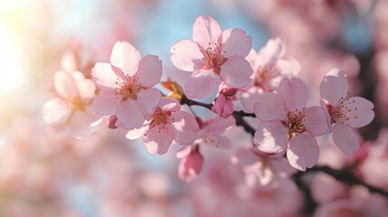 Obraz premium Pink blossoms bloom, soft light, and blue sky above