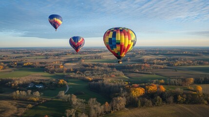 Obraz premium Colorful hot air balloons soar above a scenic autumn landscape.