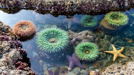 Underwater tapestry: A vibrant ensemble of sea anemones and starfish thrive