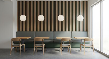 Cafe Interior with Booth Seating and Pendant Lights