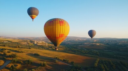 Fototapeta premium Colorful hot air balloons soaring over a picturesque landscape.