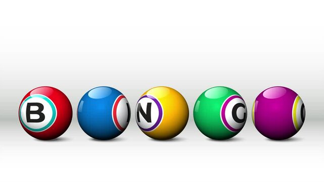 Five colorful bingo balls spelling out bingo that rotate on a white background representing the game of bingo