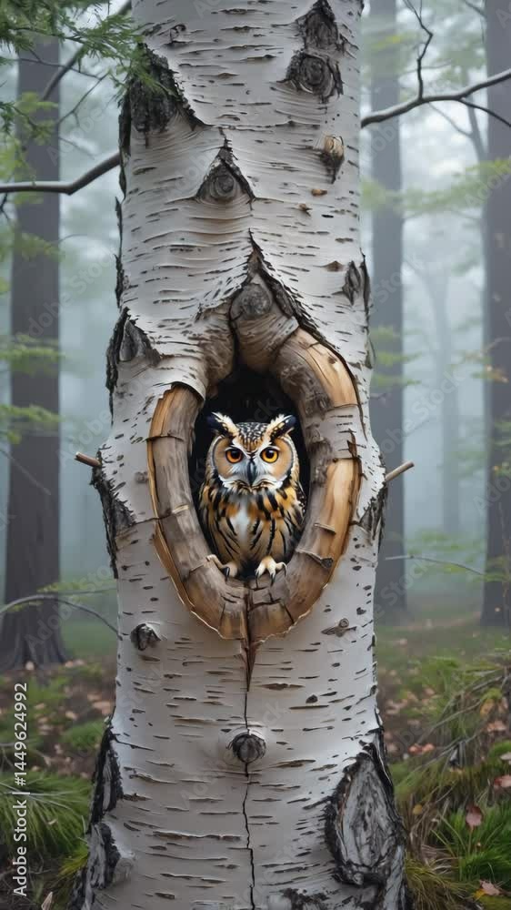 Poster close-up portrait of wise old owl staring directly into camera from tree hollow.