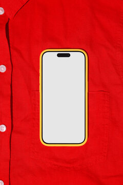 Smartphone Mockup with white screen in Red Shirt