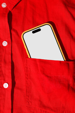 Phone with Blank White Screen in Red Shirt Pocket