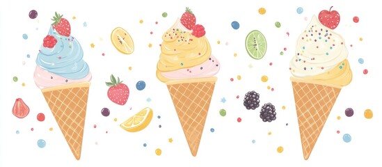 Colorful ice cream treats in waffle cones with fruit and sprinkles.
