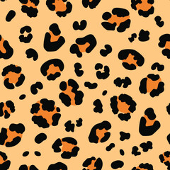 Leopard print pattern with black and orange spots on a tan background, creating a bold and exotic design