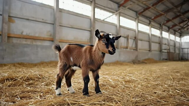 Baby goat standing awkwardly in barn with straw scattered around