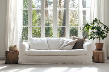 White linen sofa in a bright, airy room with large windows, showcasing natural light and greenery.  Wooden side tables