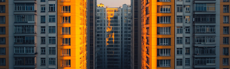 Symmetrical Cityscape: Three Tall Apartment Buildings"