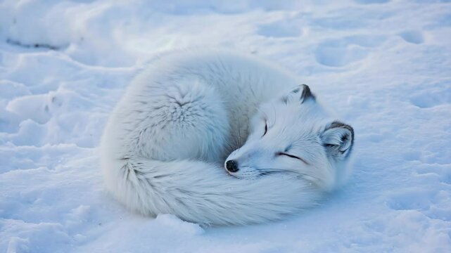 Arctic fox curled up in snow with tail wrapped around body. 