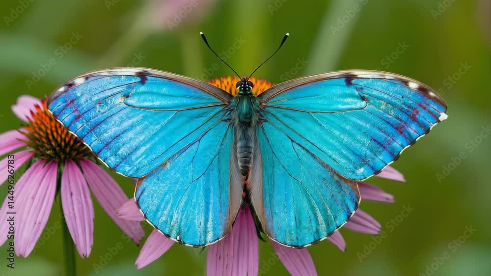 Poster close-up of butterfly wings open on wildflower with blurred meadow background.