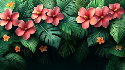 Fototapeta premium Tropical flowers and lush green leaves