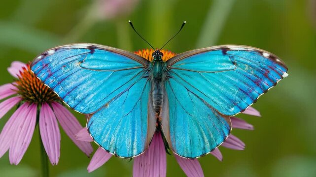Close-up of butterfly wings open on wildflower with blurred meadow background. 