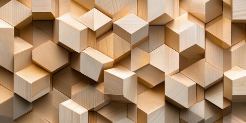 Intricate geometric pattern of light-colored wooden cubes.