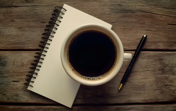 Coffee Break Notebook Pen Wooden Table Top View - Powered by Adobe
