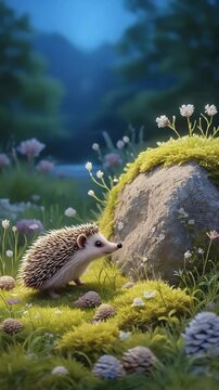 Hedgehog sniffing around mossy rock in backyard garden